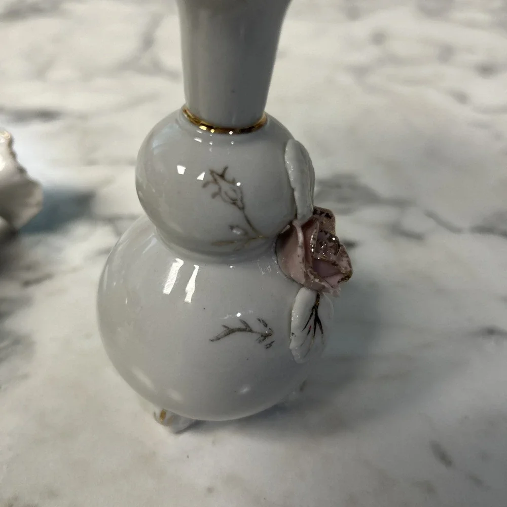 Floral Rose Victorian Bud Vase Old World Footed set of 2 Vintage Shabby Chic